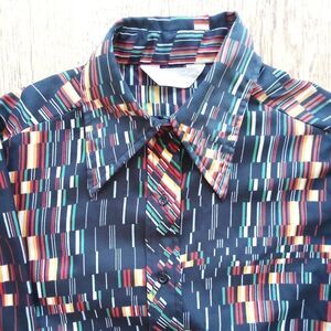 Vintage 70s Lady Arrow Bar Code Geometric Polyester Disco Shirt